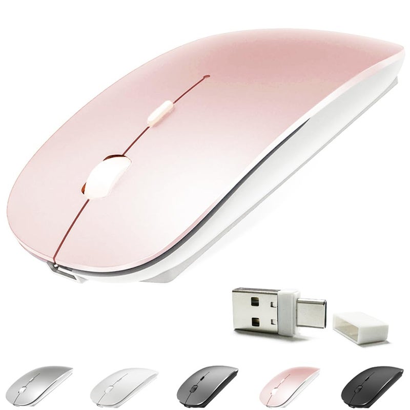 KLO فأرة بلوتوث قابلة لإعادة الشحن 4 أوضاع KLO BT3.0/5.2+USB-2.4G/Type-C، فأرة لاسلكية لجهاز MacBook pro/MacBook air/لابتوب/iMac/ipad/دفتر/كمبيوتر شخصي (BT/USB-C ذهبية وردية) - Image 1